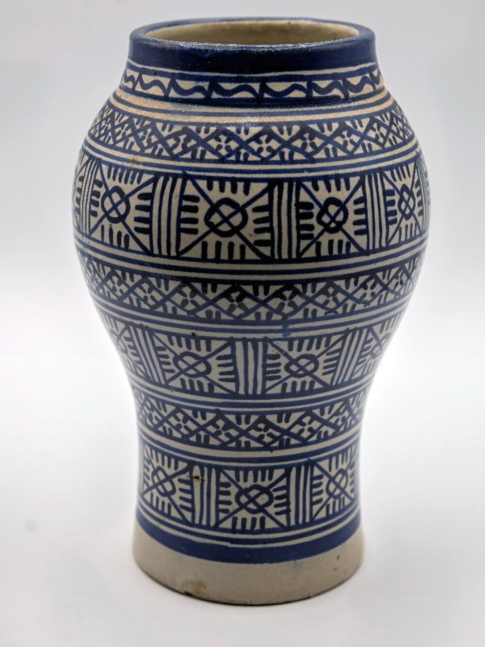 Vintage Moroccan Fez Blue and Beige Pottery Vase 7 inch tall Hand Made & Signed